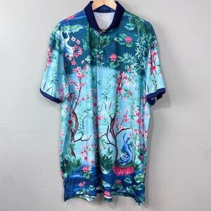 Greyson Golf Polo Shirt Size XL Magic Garden Asian Motif Crane Lotus Floral Knit